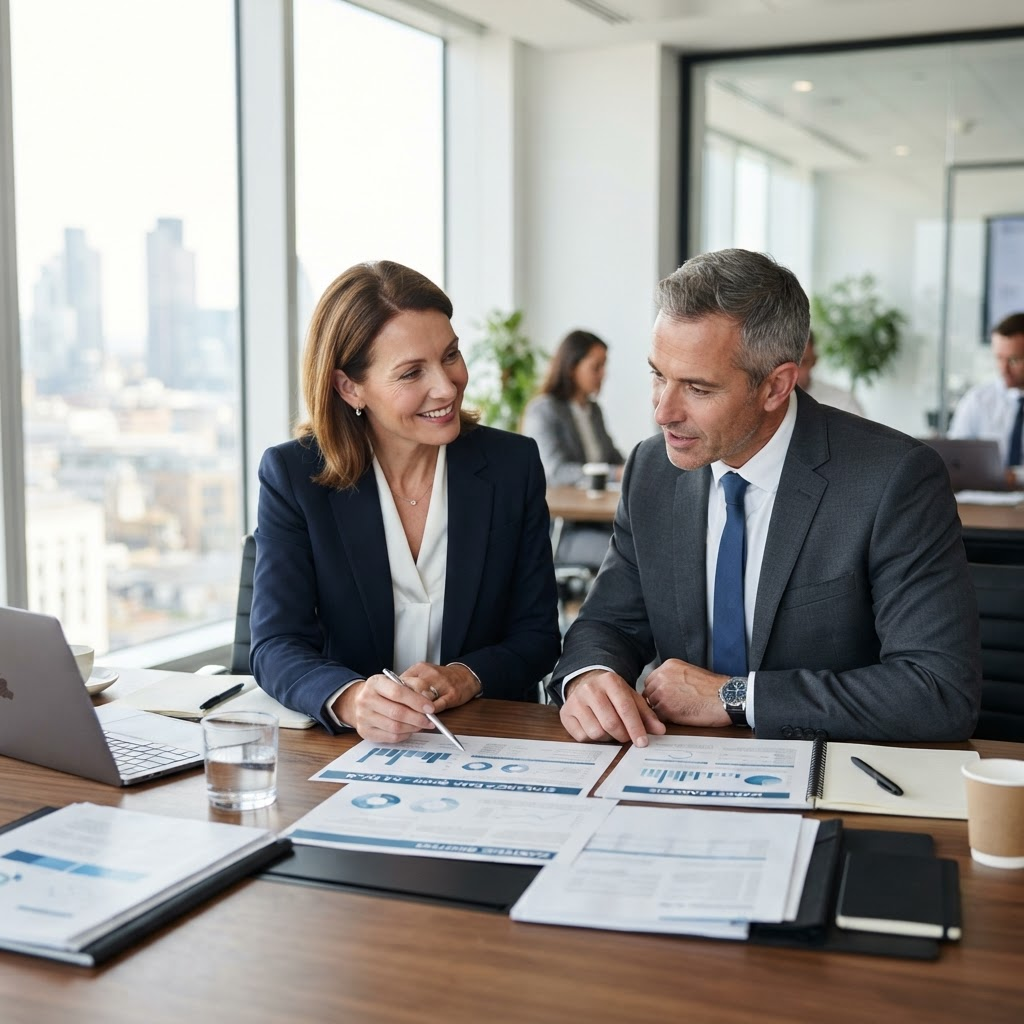 Two Exigent executives reviewing a client's risk program together at a conference table